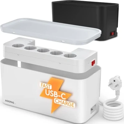Image de Cache multiprise avec intégré, USB C, A, 5 x Prises Boite Cable, Boîte de Rangement pour Câbles ACROPAQ, Blanc