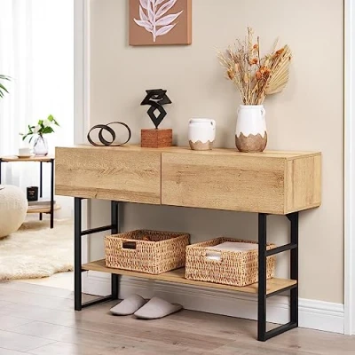 Image de [en.casa] Table Console /d&#039;Appoint Rectangulaire Design Industriel pour Salon Entrée Couloir avec 2 Tiroirs et Surface de Rangement Métal Panneau Particules 75 x 120 30 cm Noir Effet Chêne