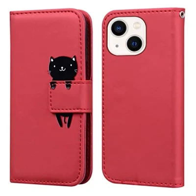 Image de Bartern Coque Apple iPhone 13 Mini Clapet,Dessin Animé Chat Portefeuille Etui en Cuir PU,TPU Antichoc Housse Flip Case avec Rabat Fentes pour Cartes et Fonction Support,Rouge