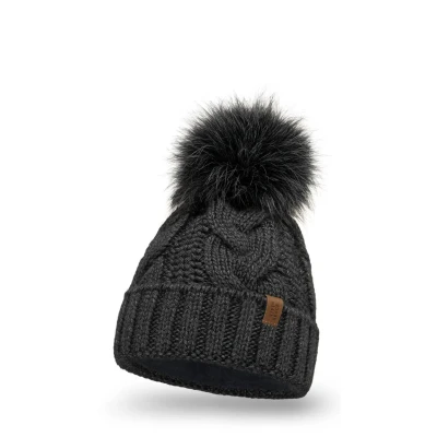 Image de VIVISENCE Bonnet Femme d&#039;hiver Automne en Tricot Doux Doublé Polaire avec Pompon Fausse Fourrure Antistatique Chaud Et Ajustable Parfait pour Les Jours Froids 7014, Gris Foncé,Taille Unique