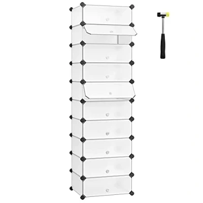 Image de SONGMICS Meuble à Chaussures avec 10 Compartiments, Étagère Modulable en Plastique, Boîte Chaussures, Porte, Maillet, Rangement, Marron Rustique LPC010A01