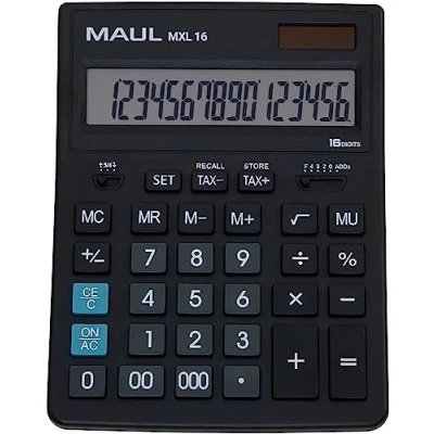 Image de MAUL Calculatrice de Bureau MXL 16 à Chiffres avec calcul Taxes Grande Professionnelle Alimentation Solaire et Pile 20,5 x 15,5 cm Noir