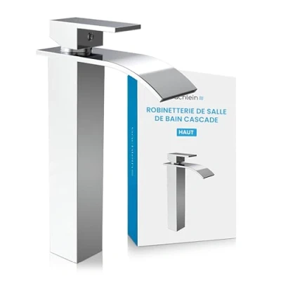 Image de Bächlein Robinet de salle bain en forme cascade Mitigeur monocommande extra haut avec kit montage pour lavabo à poser Chromé