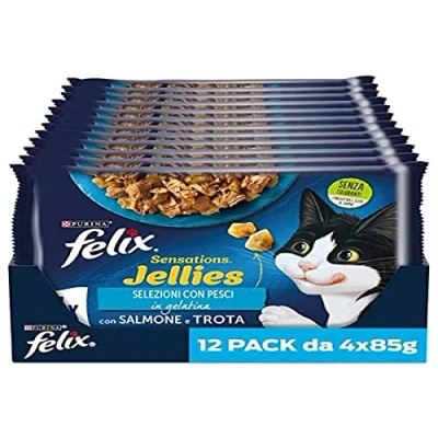 Image de Purina Felix Sensations Jellies Nourriture Humide pour Chats avec Saumon en gelée insavoureuse des Jambes et Une Truite épinards, 48 sachets de 85 g chacune