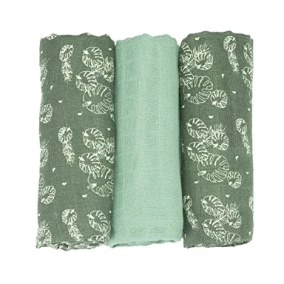 Image de Trois Kilos Sept Lot de 3 Langes bébé Carrés Mousseline Coton 70x70cm Multi usages: Couverture, Doudou, Bavoir, Protection Solaire Certificié Oeko tex Motif Feuilles Vertes