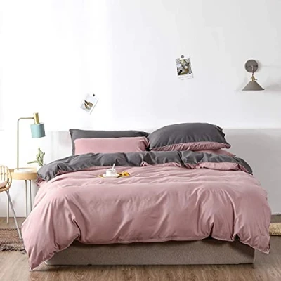 Image de Chanyuan Parure de lit réversible en microfibre 155 x 220 cm avec fermeture éclair et 1 taie d&#039;oreiller 80 Rose gris uni