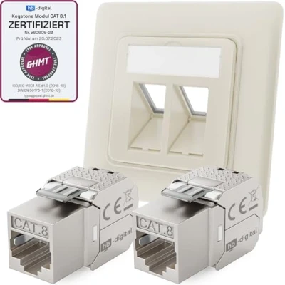 Image de hb digital Prise réseau 2 ports CAT 8 encastrée RAL9010 + 2X GHMT certifié Keystone RJ45 Module LAN Ethernet femelle encastrable max. 40 Gbit/s STP Blanc pur