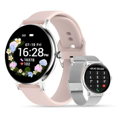 Image de LUNIQUESHOP Montre Connectée Femme Repondre Appel 1.32&#039;&#039; Smartwatch Tensiometre Sommeil Fréquence Cardiaque SpO2 Podometre Assistant Vocal Musique 2 Bracelets Cadeau LSCALL iOS Android Argent Rose