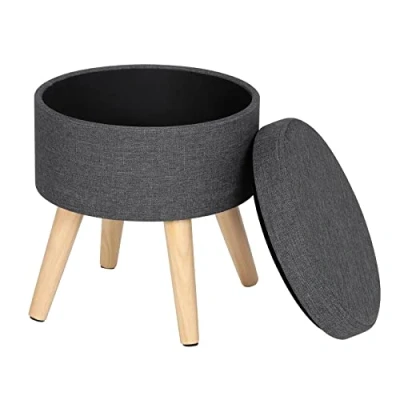 Image de WOLTU® SH08dgr 1 Tabouret Rond Pouf Coffre de Rangement Repose Pieds,siège en Lin Pieds Bois Massif,Gris Foncé