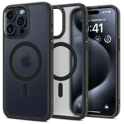 Image de Spigen Coque Magnétique pour iPhone 15 Pro Max [Translucide Givrée] en Dos PC et Bumper TPU Ultra Hybrid MagFit Frost Noir