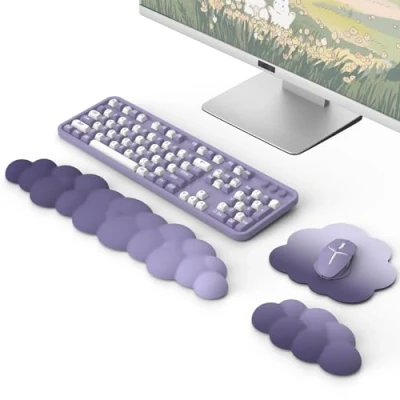 Image de MoKo Repose Poignets Nuage, Clavier Ergonomique avec Tapis de Souris, en Polyester Durable et Souris pour Bureau, Jeu, Ordinateur, Violet
