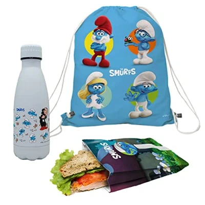 Image de Nerthus FIH 1081 Set sac à dos + sandwich bouteille double paroi 350 ml Schtroumpfs