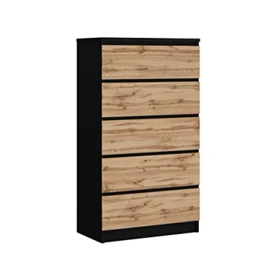 Image de 3E 3xE living.com Commode avec 5 tiroirs Noir/Chêne wotan, L : 70 cm, H 125 cm P 39