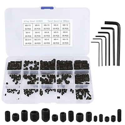 Image de Vis Sans Tête Hexagonale M2.5 M3 M4 M5 M6 M8 Grub Screws Assortiment Kit de Acier au Carbone avec Clé Allen Noir 300 Pièces