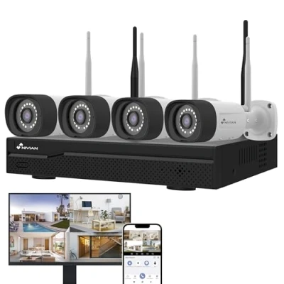 Image de NIVIAN Kit de caméras WiFi CCTV 2K, IA Détection Humaine, Audio Bidirectionnel, Vision Nocturne, Enregistrement sur HDD (10 Canales 4 Cámaras, CCTV)