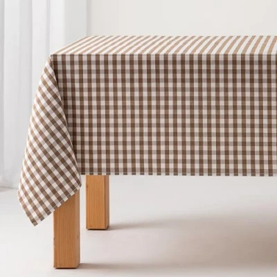 Image de Nappe Anti Taches Tableau Vichy, Coton, Toucher Tissu, 140x100 cm, Couleur Taupe
