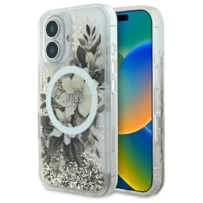 Image de Étui Guess pour iPhone 16 6.1 beige étui rigide Liquid Glitter Flower MagSafe Neuf