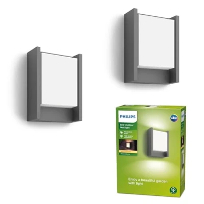 Image de Philips Arbour Applique murale LED d&#039;extérieur (6 W), luminaire résistant aux intempéries avec lumière blanc chaud, éclairage à économie d&#039;énergie, anthracite, pack de deux