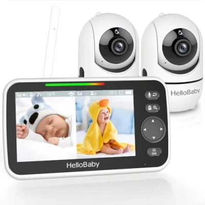 Image de HelloBaby Babyphones Caméra 2 Bébé Moniteur, 5&#039;&#039; 26 Heures Écran Divisé Partagé Baby Phone Vidéo Surveillance, sans WiFi, Angles de Vue à 355 degrés, Vision Nocturne, Berceuses, ECO, 305m