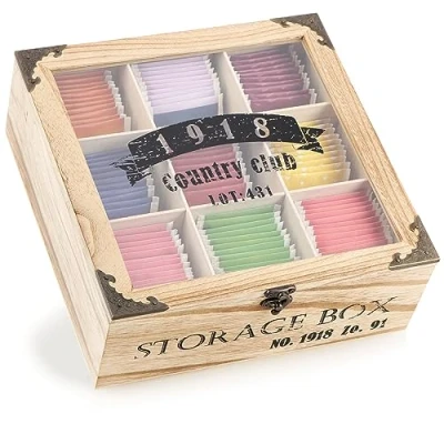 Image de com four® boîte de Rangement pour sachets thé Rustique à avec 9 Compartiments, fenêtre et Fermeture Style campagnard (Rustique 1918 Compartiments)