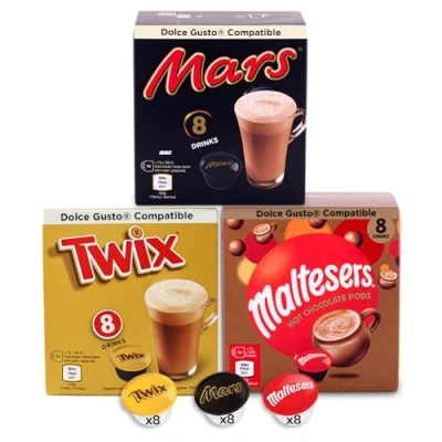 Image de Boissons au Chocolat Dolce Gusto Compatible 24 Capsules Mars, Twix, Maltesers (8 chaque)