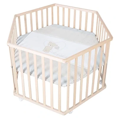 Image de roba Parc Bébé Hexagonal en Bois &quot;Liebhabear&quot; + Tapis de et Roues Avec Freins Blanc