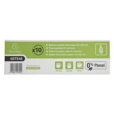 Image de Exacompta Réf. 40754E Carton de 30 bobines pour tickets carte bancaire largeur 57 mm x diamètre 46 mandrin 12 1 pli thermique 55g/m² sans Phénol Métrage (+/ 2m) : 24 m Blanc