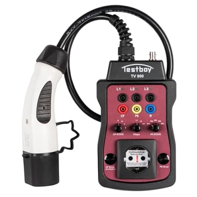 Image de Testboy TV 900 Adaptateur de borne recharge pour tester les bornes type 2 (testeur d&#039;installation ou multimètre connectable, LED intégrée), noir/rouge