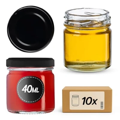 Image de KADAX Lot de 10 mini bocaux en verre Weck 40 ml Avec couvercle à visser Pour dégustation, confiture, miel Ronds noir