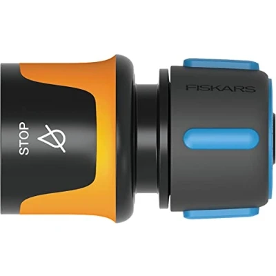 Image de Fiskars Raccord de Tuyau, avec Mécanisme d&#039;Arrêt, Points contact SoftGrip, Taille universelle, Ø 1,3 1,5 cm (1/2 5/8&#039;&#039;), 32 g, Noir/Orange/Bleu, 1027080