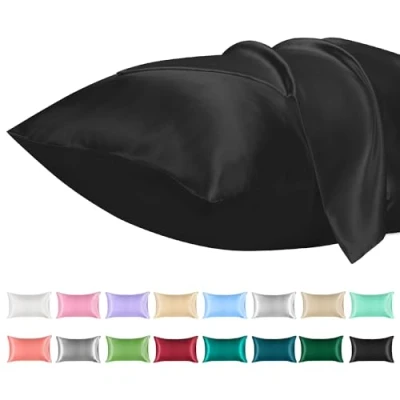 Image de Lirex Lot de 2 taie d&#039;oreiller Satin 40x60cm, Similaire à la en Soie, Satinées Housse Doux Prend Soin Votre Peau et Antichute Cheveux,(Noir)