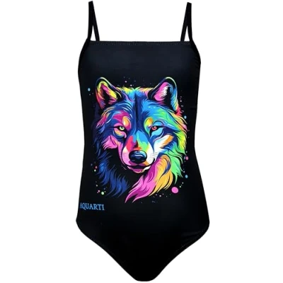 Image de Aquarti Maillot de Bain Fille Une Pièce pour à Bretelles Fines, Loup/Noir, 152