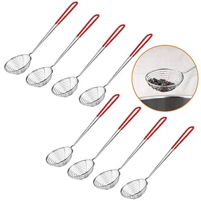 Image de 8 Pcs Passoire à Fondue, en Acier Inoxydable avec Poignée Longue, Ecumoire pour Soupe, Thé au Lait, Tamisage, Epuisette Fondue Mailles Fines Rouge