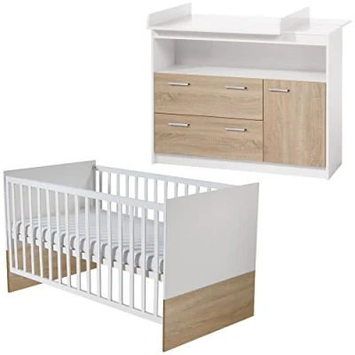 Image de roba Chambre Bébé Duo Gabriella Lit Évolutif 70 x 140 cm + Commode à Langer Meubles Certifiés EPH Blanc / Décor Bois