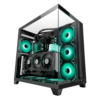 Image de MARSGAMING MC 3C, Boîtier Gaming ATX, Vue Panoramique 3D avec Triple Verre Trempé, Design à Double Chambre Latérale, Support Complet Refroidissement Liquide, Semi Tour PC Gestion des Câbles, Noir