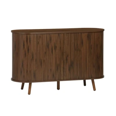 Image de sweeek Buffet scandinave 2 Portes coulissantes. 4 Compartiments. Effet Bois rainuré. Couleur Noyer. Bas. L 120 x P 40 H 75cm