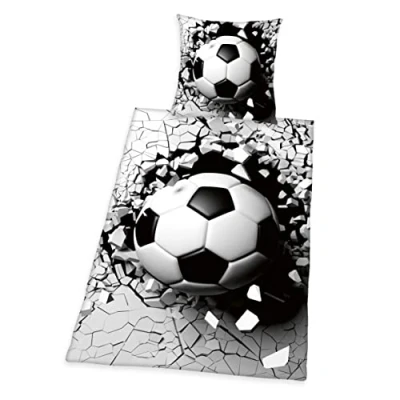Image de Herding Parure de Lit Effet 3D, Football, Réversible, Taie d&#039;oreiller 80 x cm, Housse Couette 135 200 avec Fermeture Éclair Facile, 100% Coton/Renforcé, Gris/Blanc