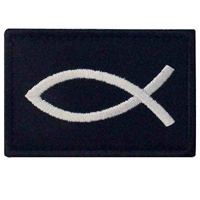 Image de Jésus poisson Ichthys Brodé Crochet et boucle d&#039;attache Patch, Blanc noir