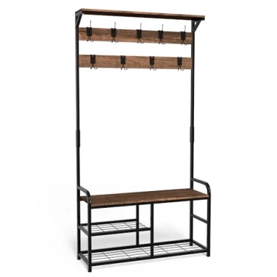 Image de vounot Porte manteau pour Entrée 4 en 1 avec Banc et Étagère à Chaussures 3 Niveaux 9 Crochets Amovibles Meuble d’Entrée 185x85x33cm Cadre Acier Robuste Système Anti basculement