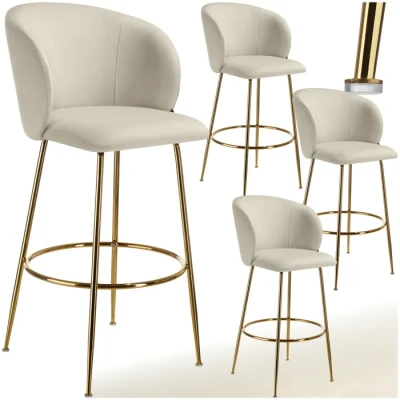 Image de TABOURET de bar TECTAKE Lot 4 tabourets LUANA rembourrés avec dossier aspect velours et repose pieds Crème/Or