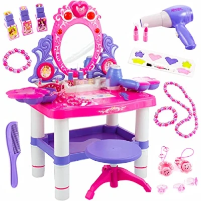 Image de Kinderplay Coiffeuse Enfant Table de Maquillage Fonction Lumièreavec Tabouret, lumière et Son, Dimensions Fille 44,5 x 10,5 60,5 cm, KP2798