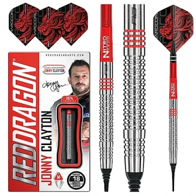 Image de RED DRAGON Jonny Clayton Original Softip Jeu de fléchettes Professionnelles en tungstène 18 grammes avec ailettes et tiges