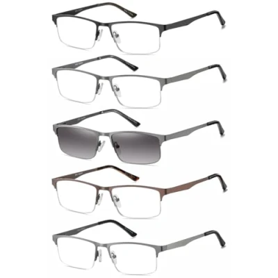 Image de Amcedar 5 Paires Lunettes de Vue Lecture Hommes Rectangulaire style cadre Acier Inoxydable Materiaux Charniere a ressort Compris Les Soleil +2.50