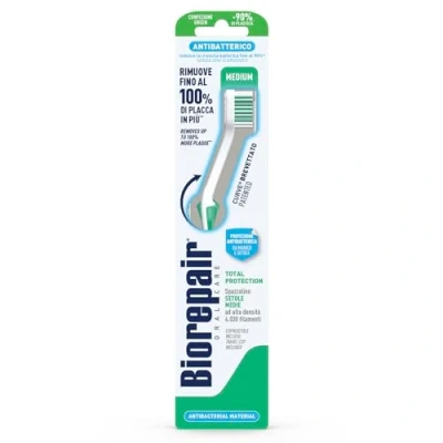 Image de Biorepair , brosse à dents protection totale, antibactérienne, testée cliniquement, avec poils moyens, forme incurvée brevetée, inhibe la croissance bactérienne jusqu&#039;à 90 %, élimine 100 % de plaque