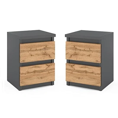 Image de MRBLS Lot de 2 tables chevet modernes avec tiroirs, commode en bois pour votre chambre à coucher, gris mat, Wotan 30 x 43 32,5 cm (l H P)