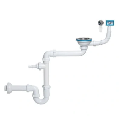 Image de Siphon évier 1 bac, diamètre 115 mm, Extra Plat avec trop Plein rectangulaire/Rond et Sortie pour Machine à Laver/Lave Vaisselle