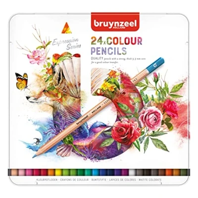 Image de BRUYNZEEL Expression Set de 24 crayons couleur dans une boîte en étain pour le dessin, les livres coloriage adultes, Bullet Journaling