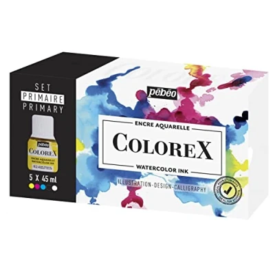 Image de Pébéo Boîte 5 Flacons 45 ML Assortis Kit de Dessin Manga &amp; Illustration L’Essentiel Colorex Encre Aquarelle Couleurs, Jaune Primaire, Cyan, Magenta, Noir D&#039;Ivoire, Blanc, x ml, Set 225 Pièces