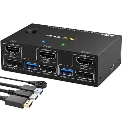 Image de Commutateur KVM USB 3.0 Displayport + HDMI 4K@60Hz Switch 2 PC Monitor, Dual Monitor avec 4 ports pour Partagez souris, clavier et moniteur