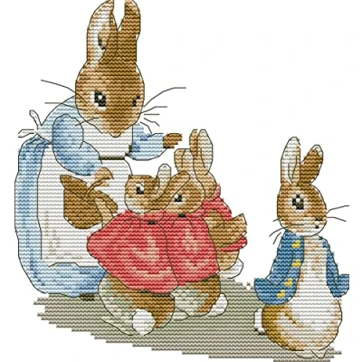 Image de Awesocrafts Point de Croix Kit Complet Estampé, famille Peter Rabbit Estampillé 11CT 3 brins 26x28cm Broderie Imprimé